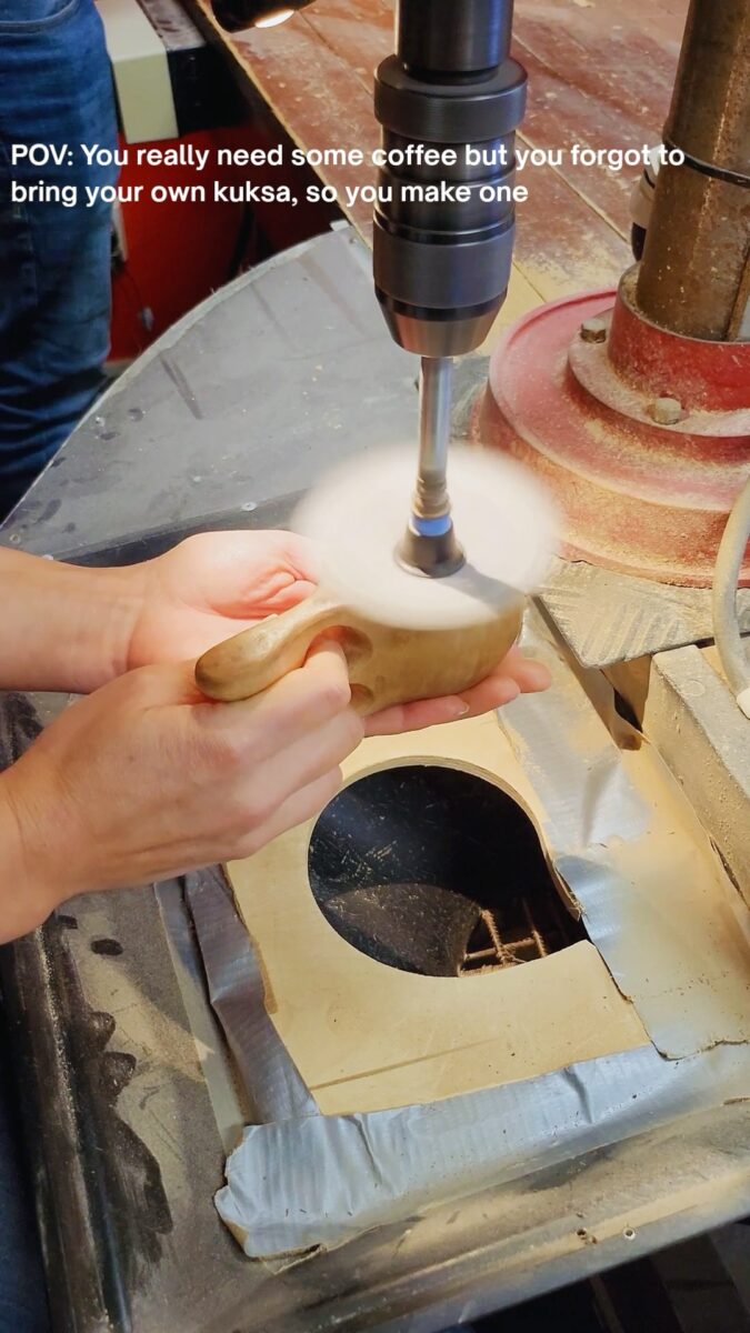 Shaping a wooden kuksa cup with drill press