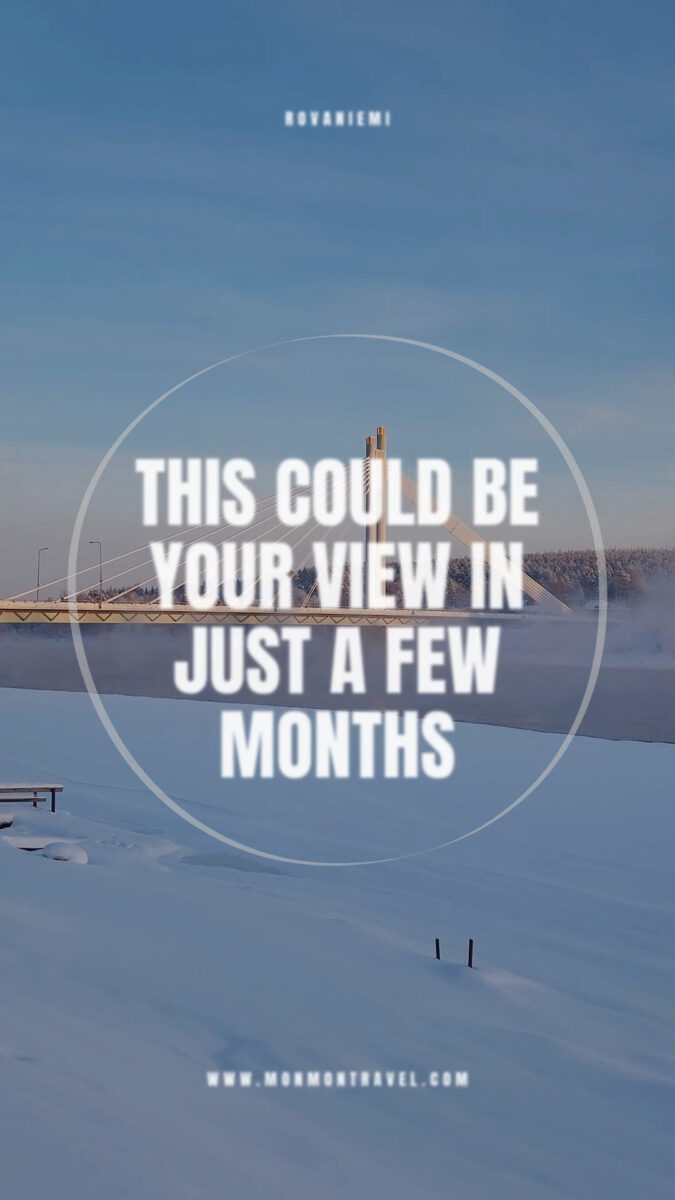 Snowy Rovaniemi bridge with travel promotion text