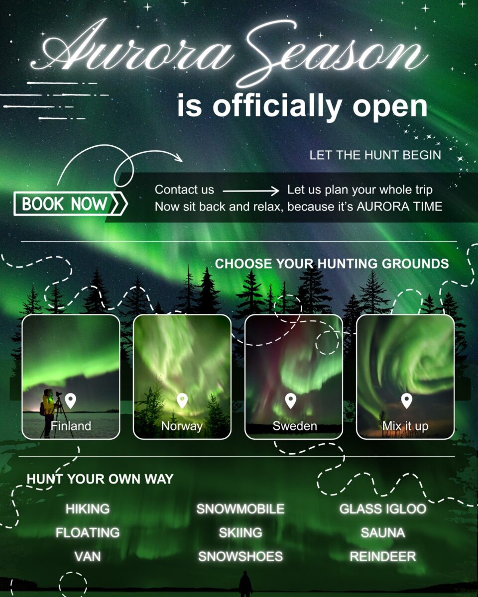 Aurora tour poster featuring Nordic destinations and activities
