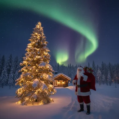Santa by Christmas tree, northern lights glowing.