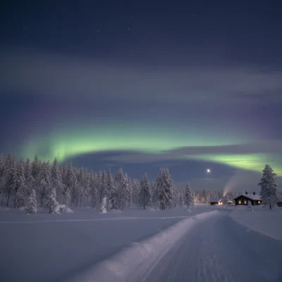 Northern lights over snowy forest and cabin at night.