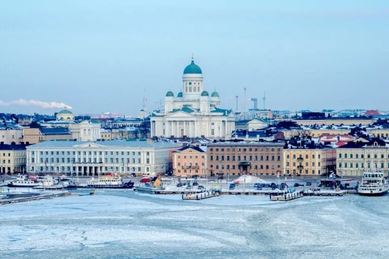 Helsinki Cathedral overlooking icy harbor waterfront