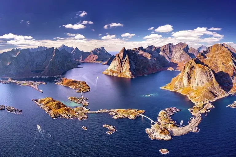 Aerial view of rugged coastal mountains and islands