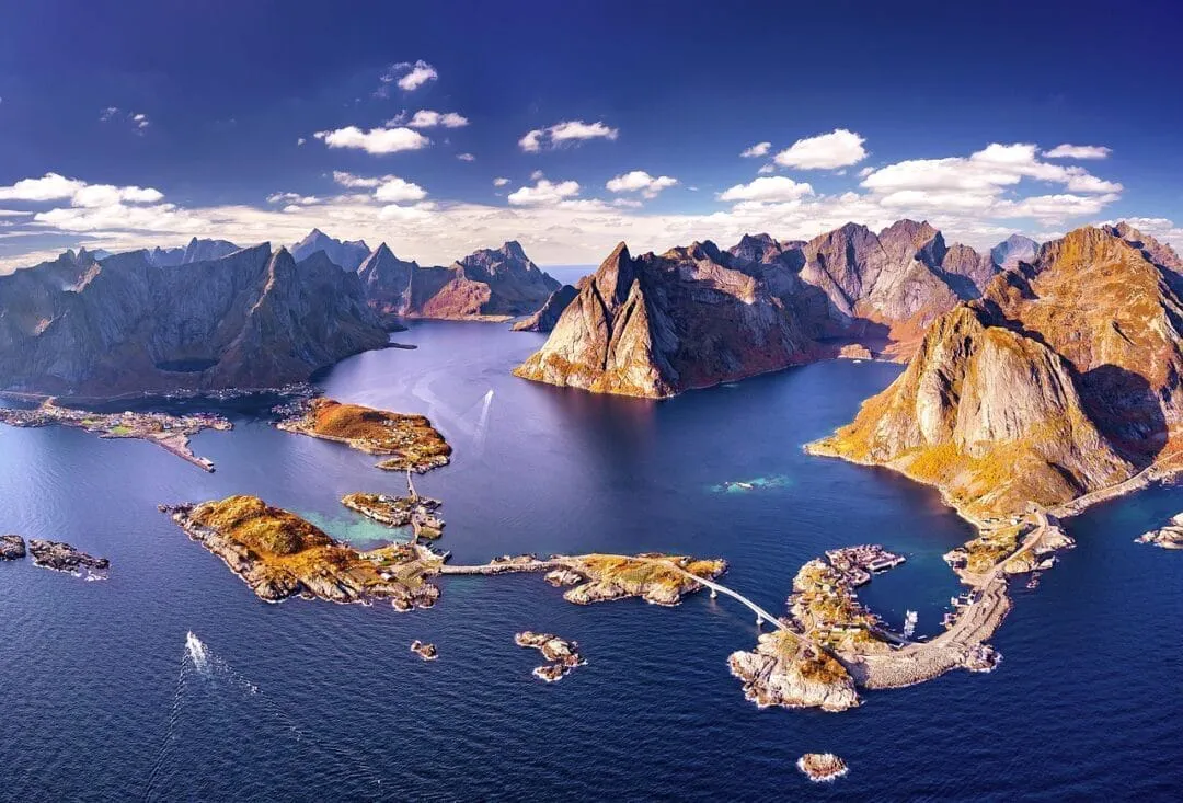 Aerial view of mountainous coastal landscape in Norway