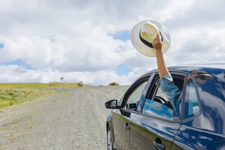Person waving hat from car on rural road.