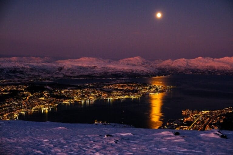 Moonlit coastal city with snowy mountains and harbor