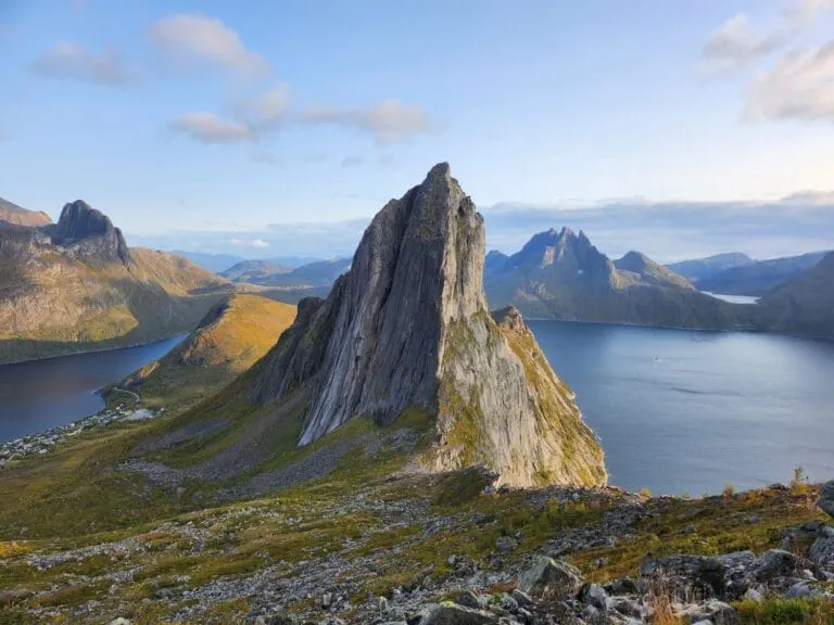 Jagged mountain peak overlooking a coastal fjord