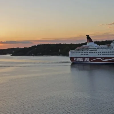 Viking Line ferry sailing at sunset